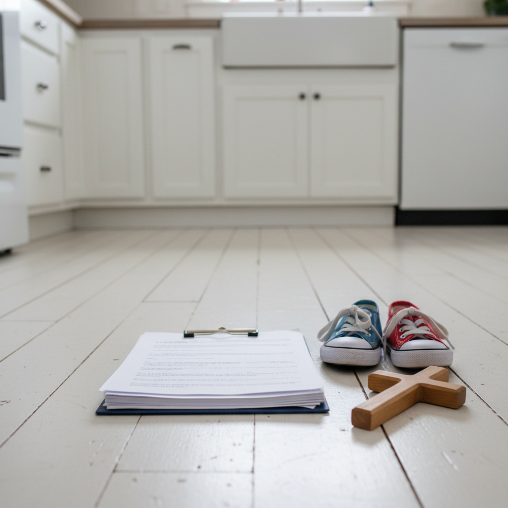 A gently worn but spotless farmhouse-style kitchen floor made of wide, whitewashed wooden planks stretches from the foreground into a softly blurred background of simple shaker cabinets. Centered near the bottom third of the frame, a neat stack of adoption and foster care paperwork lies on the floor, secured by a simple metal clip, next to a smooth wooden cross and a pair of neatly aligned, small, colorful children’s shoes. Natural overcast daylight fills the space with even, diffused light, eliminating harsh shadows and creating a soft, honest mood. Shot from a low, forward-facing angle in photographic realism, the focus is sharp on the symbolic objects, while the background gently recedes. The atmosphere is hopeful, weighty, and sacred, suggesting hard but holy decisions made on the kitchen floor.