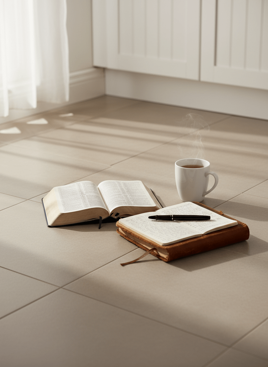 A spotless, matte-finished tile kitchen floor in pale warm gray fills the frame, with a simple, open Bible lying gently open near a small, well-used leather journal and a pen, all resting directly on the floor. Nearby, a lightly steamed white ceramic mug of herbal tea adds a sense of comfort. Soft morning light streams in from the left, filtered through sheer curtains, casting delicate, diffuse shadows and a calm glow over the scene. Captured from a slightly elevated angle with shallow depth of field, the focus rests on the open pages and journal, while the background cabinets and baseboards fade into a gentle blur. The atmosphere is contemplative, centered on quiet Christian devotion and clean living in a serene, organized kitchen.