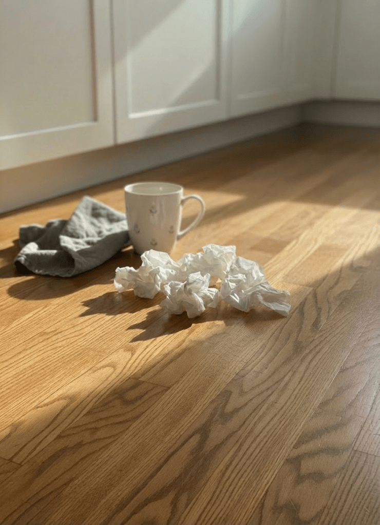 A warmly lit, well-worn kitchen floor made of honey-toned hardwood planks, lightly scuffed and textured, stretches across the foreground in photographic realism. Against simple white lower cabinets, a single, neatly folded soft gray dish towel rests near a ceramic mug set directly on the floor, hinting at an unhurried conversation. Late afternoon sunlight filters through an unseen window, creating long, gentle bands of light and shadow across the boards. Shot from a low, eye-level angle, with the floor in sharp focus and cabinets softly blurred, the composition follows the rule of thirds. The mood is reflective, safe, and inviting, suggesting a sacred, quiet pause in the middle of everyday life in a clean, uncluttered home.