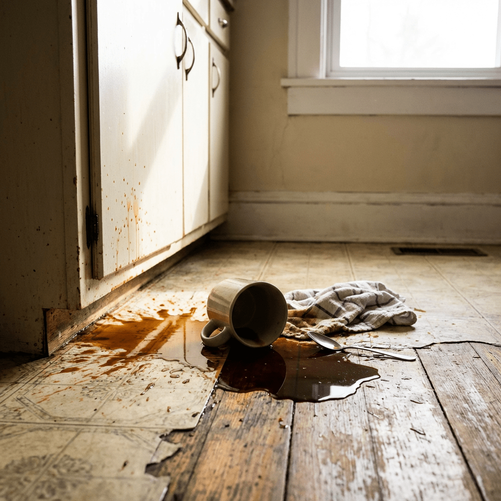Spilled coffee on a kitchen floor next to a tipped mug and spoon.