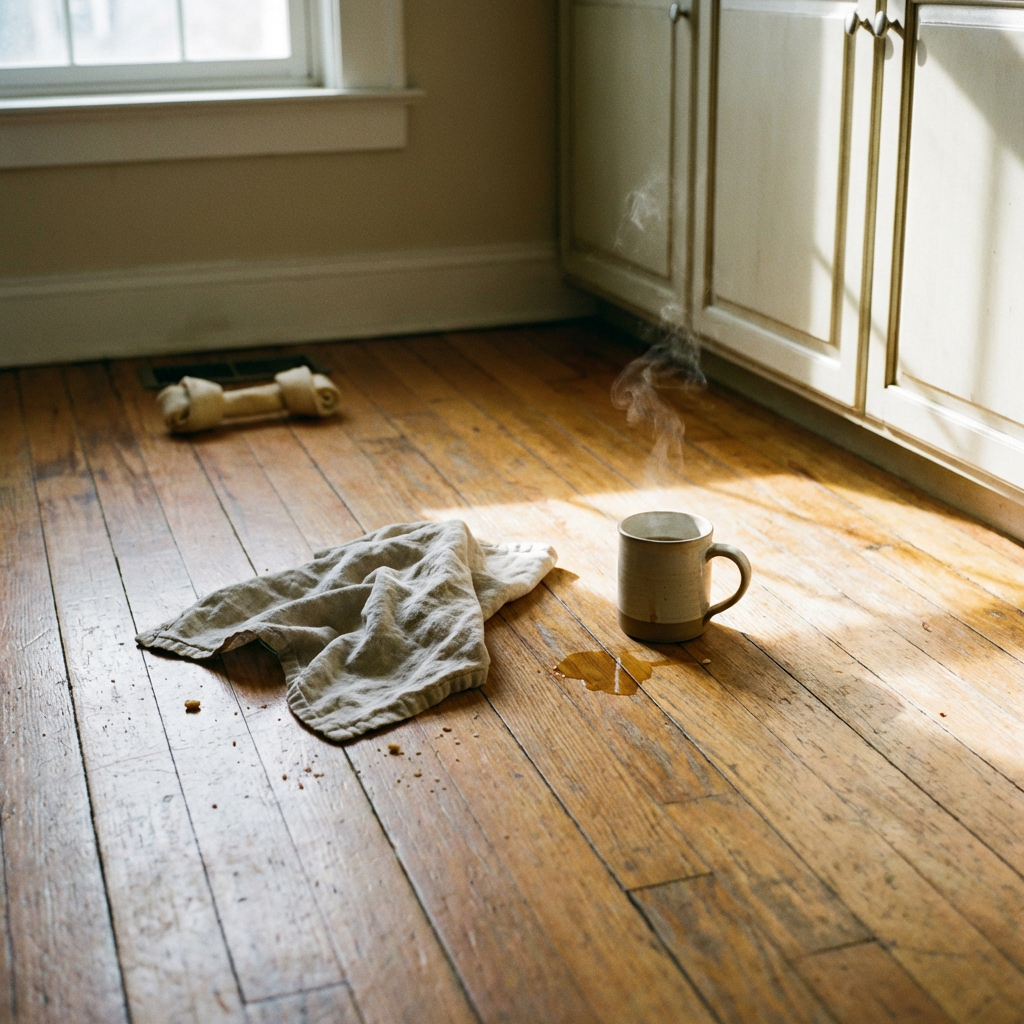A steaming mug of coffee next to a spill on a wooden kitchen floor.
