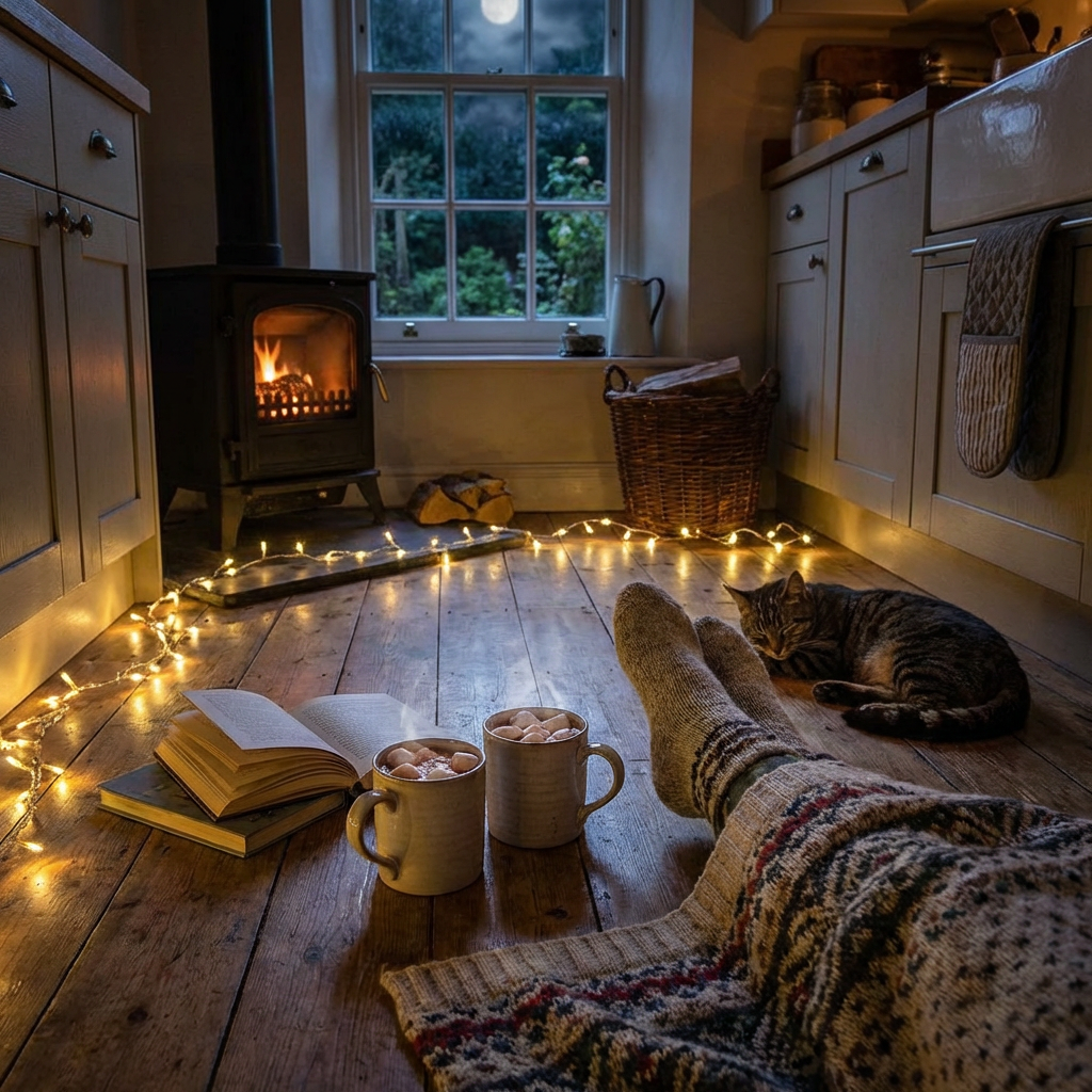 Cozy scene with hot chocolate, books, and a sleeping cat by a wood-burning stove.
