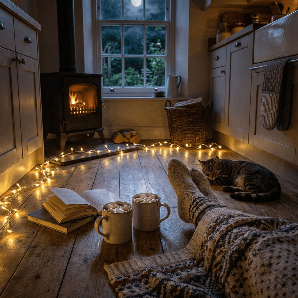 Cozy scene with hot chocolate, books, and a sleeping cat by a wood-burning stove.