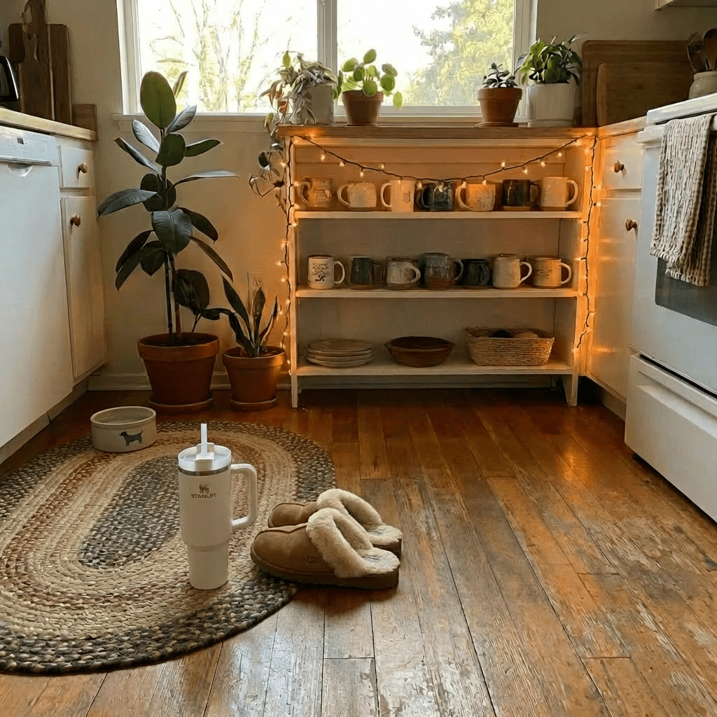 Golden retriever dog curled up on a kitchen floor wrapped in a knit blanket.