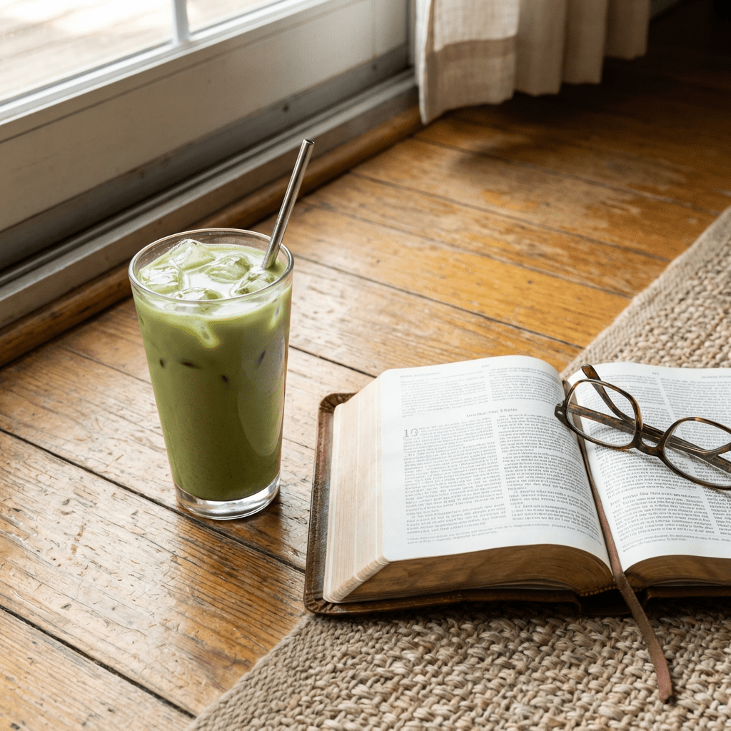 Iced matcha latte, open book, and glasses on a wooden floor by a window.