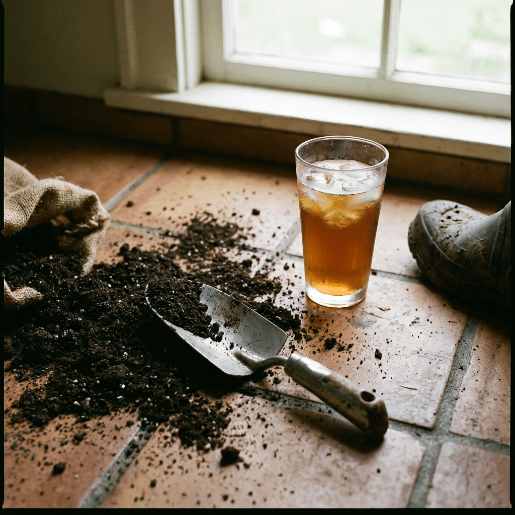 A hand trowel, spilled soil, and a cold glass of tea on a tiled floor.