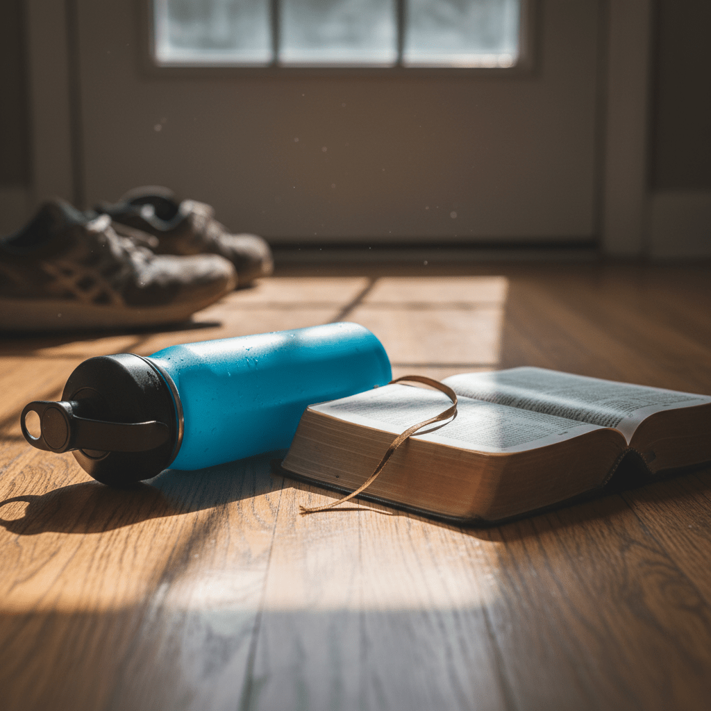 An open book and blue water bottle on a sunlit wooden floor next to shoes.