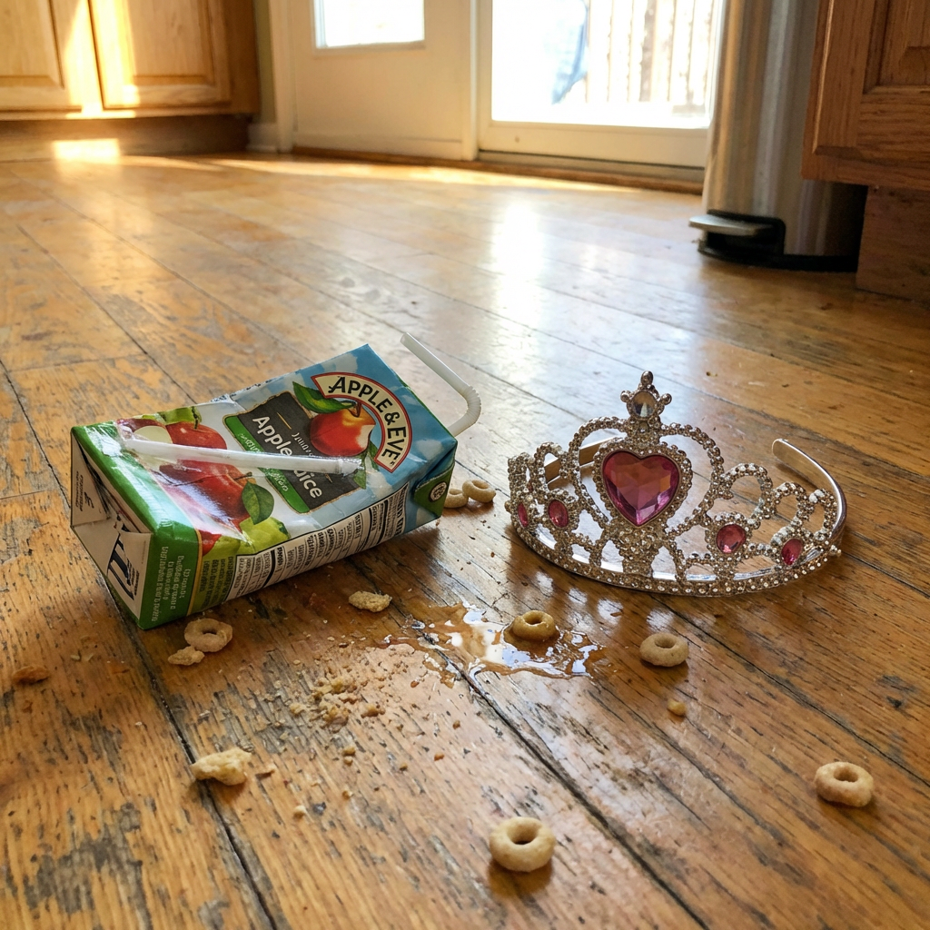 An overturned juice box, scattered cereal, and a pink-jeweled tiara on a wooden floor.