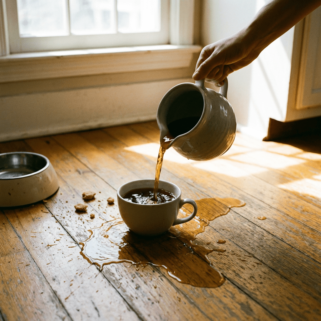 Hand pouring coffee from a pitcher into a cup on a wooden floor with a spill.