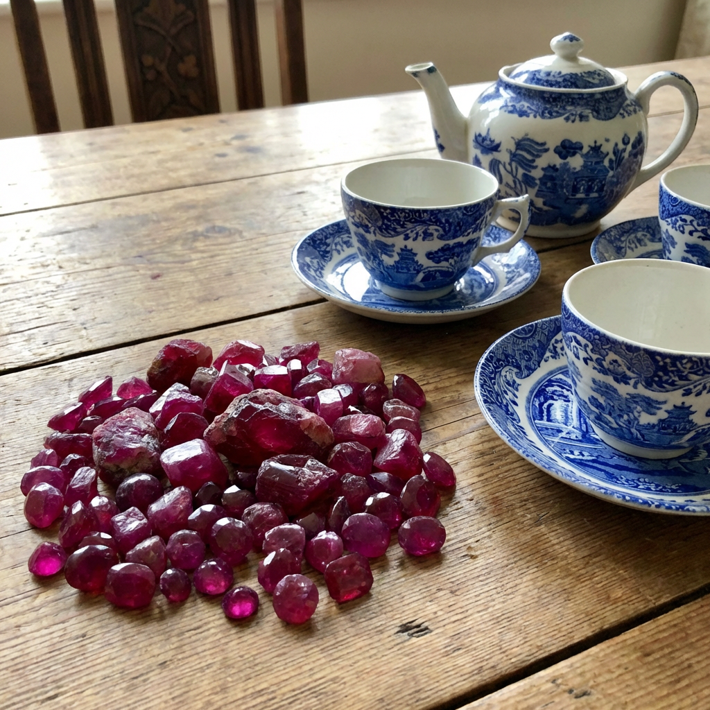 Rough red gemstones on a wooden table beside a blue and white tea set.
