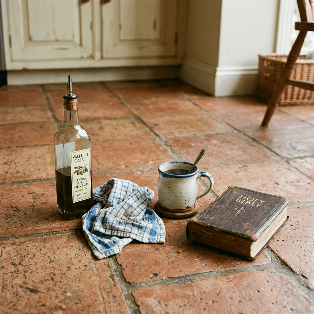 Bible, ceramic mug with coffee and spoon, olive oil bottle, and checkered kitchen towel on tiled floor